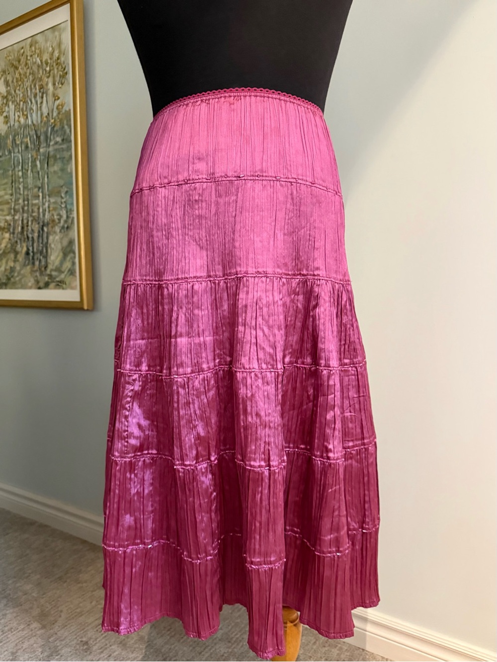 Jana Crinkle Satin Midi Skirt Magenta Y2K Boho Fairycore
